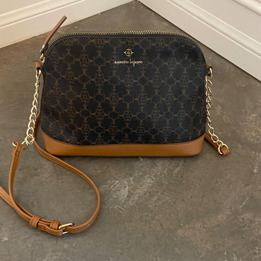 Nanette Lepore Chocolate Brown and Tan Logo Crossbody Bag
